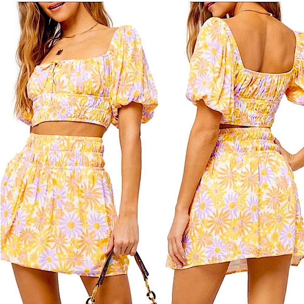 LSPACE JAX FLORAL SKIRT LINED ELASTIC WAIST PURPLE YELLOW WHITE SIZE MEDIUM NWT